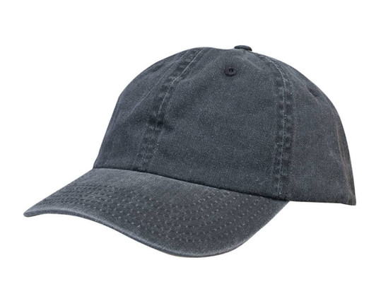 A dark grey enzyme washed pigment dyed cotton twill cap with a curved brim and coordinating stitching.