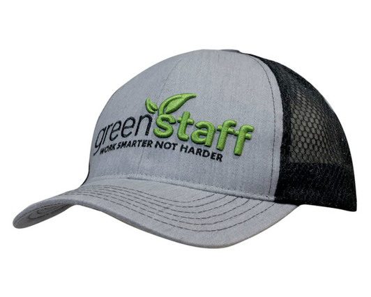 Light brushed grey poly cotton marle cap with black honeycomb mesh back and embroidered branding.