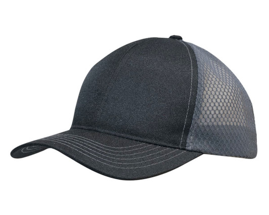 A breathable black poly twill cap with honeycomb mesh sides and a curved brim. It features a logo on the front.
