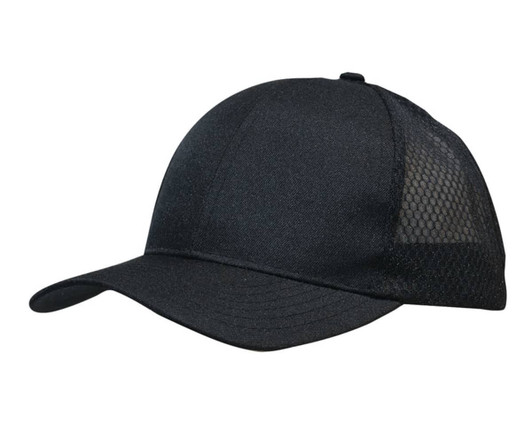 A black cap made of breathable poly twill with honeycomb mesh panels, featuring a logo on the side.