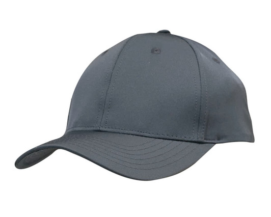 A dark grey twill cap featuring a rounded peak and ventilation holes, with a logo on the front.