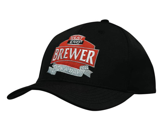 A black cap with a front logo and embroidery featuring the words "Brewer for a Day" in red and white.