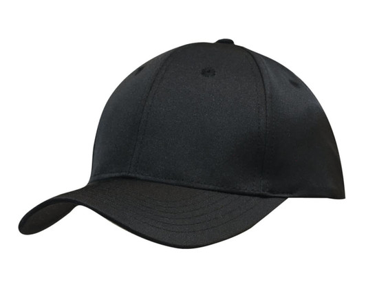 A black cap featuring a curved brim and a logo. The fabric appears smooth and durable.