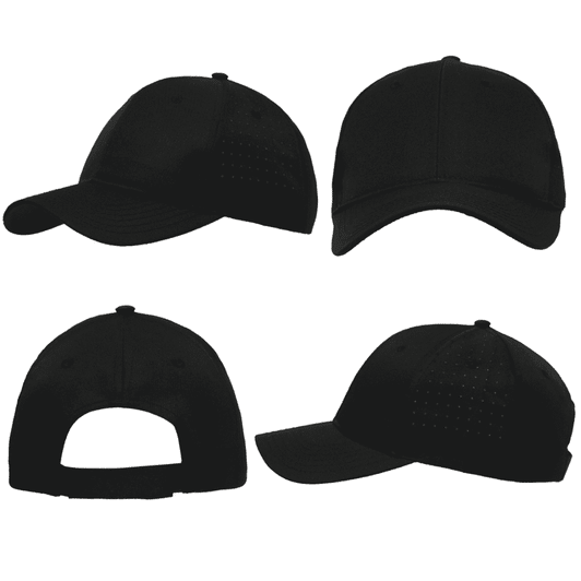 A black cap featuring breathable poly twill material and circle perforations, showcased from multiple angles.