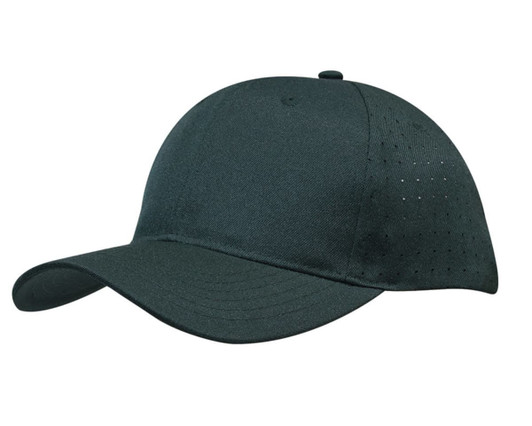 A dark green cap featuring breathable poly twill with circle perforations and a logo.