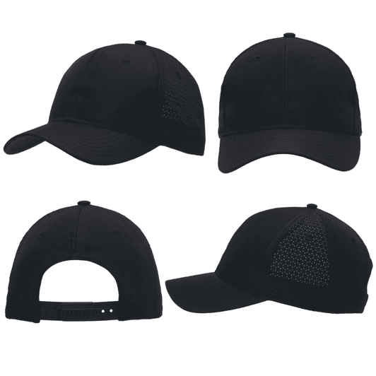 A black cap with triangle perforations, featuring front, back, and side views, and an adjustable strap at the back.
