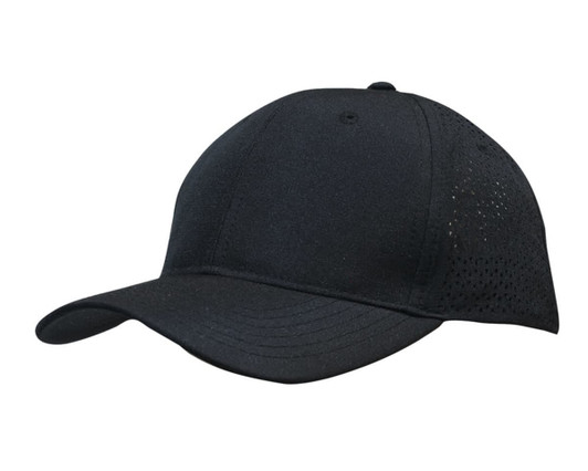 A black cap made from Sports Ripstop Twill with triangle perforations and a logo on the side.
