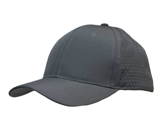 A grey cap made of ripstop twill featuring triangle perforations, with a curved brim and a branding logo.
