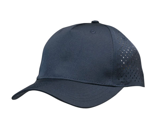 A navy sports cap with tear drop perforations and a logo on the side.