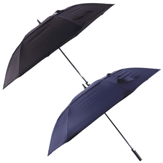 A 60" vented tipless golf umbrella in black and navy, featuring a sleek design and a handle with a logo.