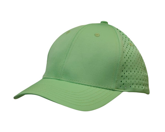 A green sports cap with tear drop perforations and a logo, featuring a structured design and curved brim.