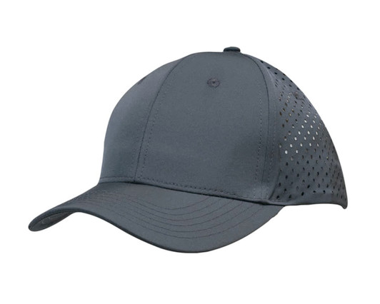 A dark grey sports cap featuring tear drop perforations and a logo on the side.