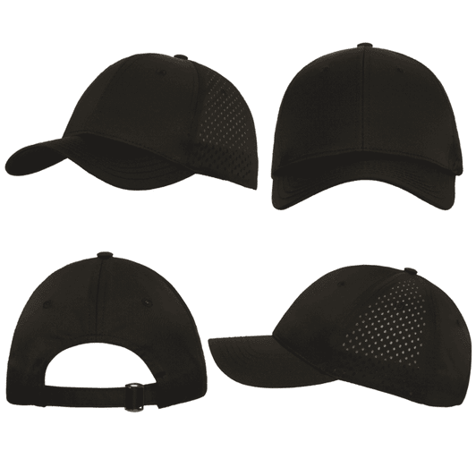 A black cap featuring tear drop perforations, with a logo and a curved brim, displayed from multiple angles.