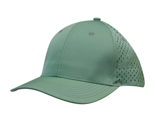 A green cap featuring tear drop perforations and a branded logo. Ideal for sporting activities or casual wear.