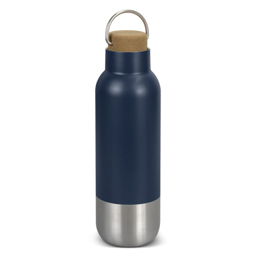 A drink bottle in navy blue with a cork stopper and a stainless steel base. It features a carry loop.