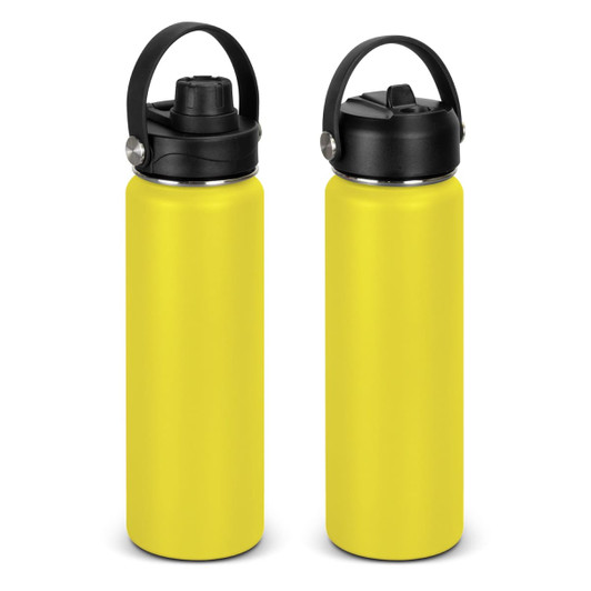 A drink bottle with a sleek yellow body and a black lid, featuring a carry handle and a logo.