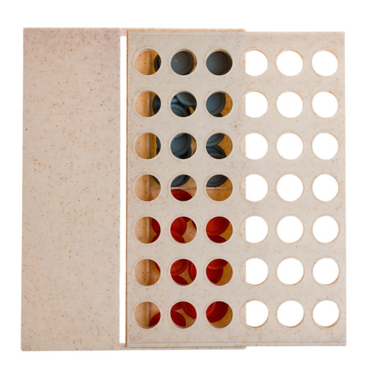 A beige game board featuring circular slots for colorful game pieces in red, blue, and yellow.