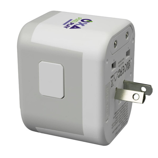 A white travel adaptor with a square design and multiple plug options, featuring a logo on one side.