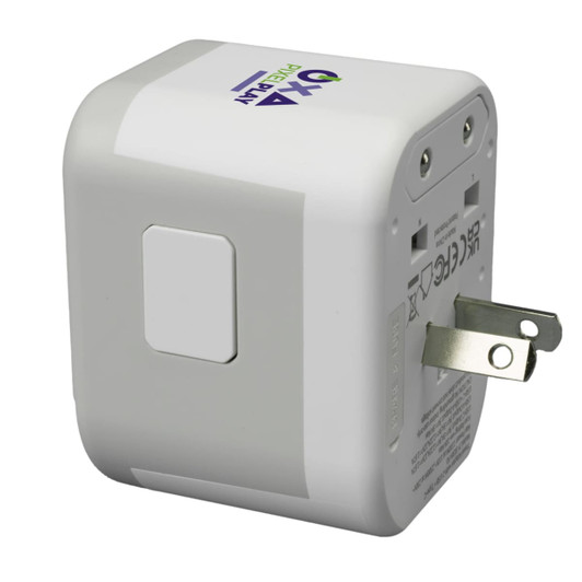 A travel adaptor in white with a square design and a branded logo on one side.