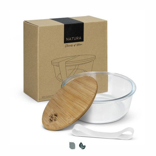 A glass food container with a bamboo lid, featuring a white base and a silicone strap, packaged in a brown box.