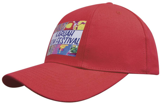A red brushed heavy cotton cap with a rotated crown and a logo on the front.