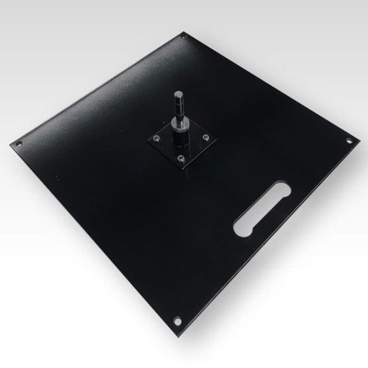 A black metal base for a feather flag kit, featuring a central pole socket and a handle for easy transport.