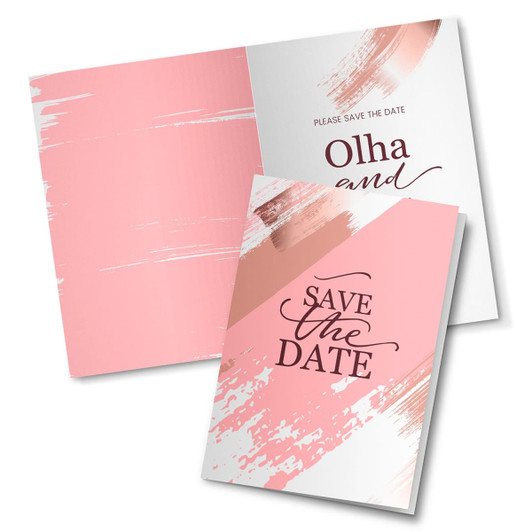 A5 greeting card featuring a pink and white design with brushstroke patterns and text promoting a save-the-date announcement.