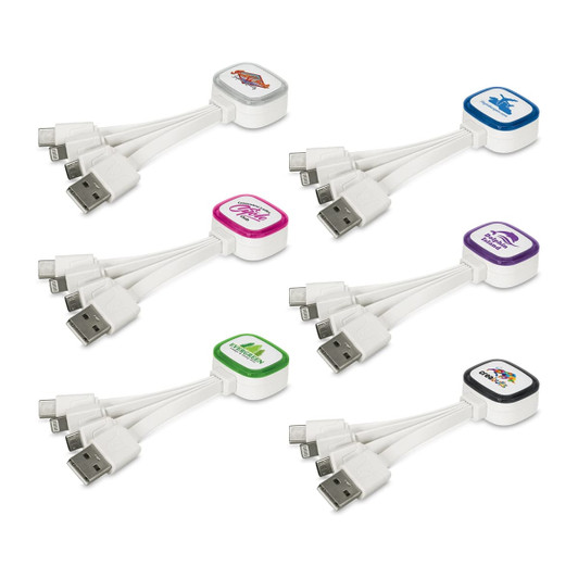 A set of six white Zodiac charging cables with various coloured connectors and logos. Each cable features multiple charging heads.