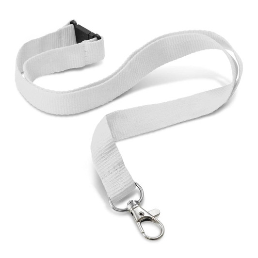 A white lanyard with a metal clip and a breakaway buckle. The lanyard measures 16mm in width and features a flat design.