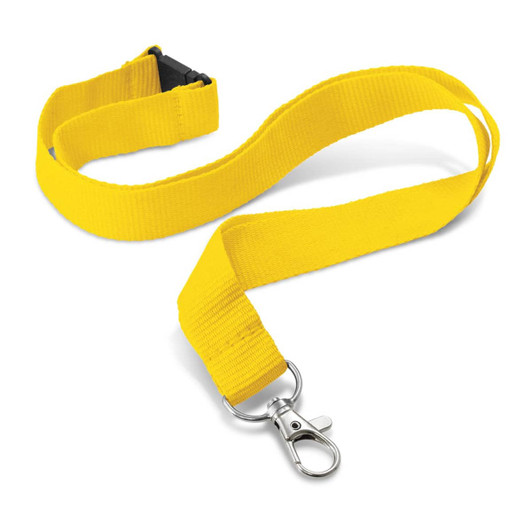 A custom printed lanyard in bright yellow, measuring 20mm in width, featuring a metal clip for attachments.