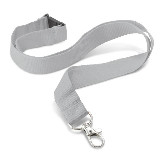A grey custom printed lanyard featuring a clip for attachment and a plastic buckle.