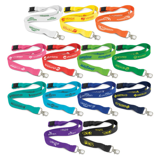 A collection of multi-coloured bamboo lanyards featuring various logos and branding.