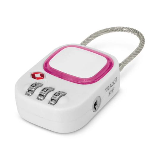A white TSA lock with a pink cover, featuring a cable loop and three combination dials. It has a logo on the side.