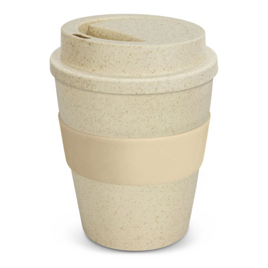 A drink bottle in natural colour with a beige silicone band and a lid, featuring a logo.