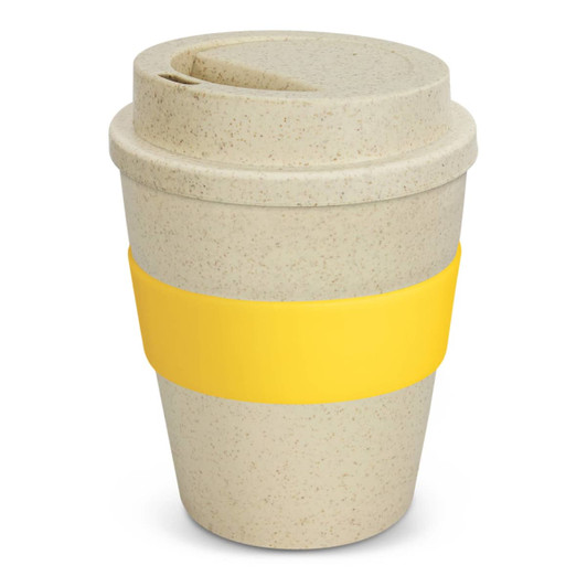 A drink bottle resembling a coffee cup, in natural tones with a yellow silicone band and lid. Features a logo.