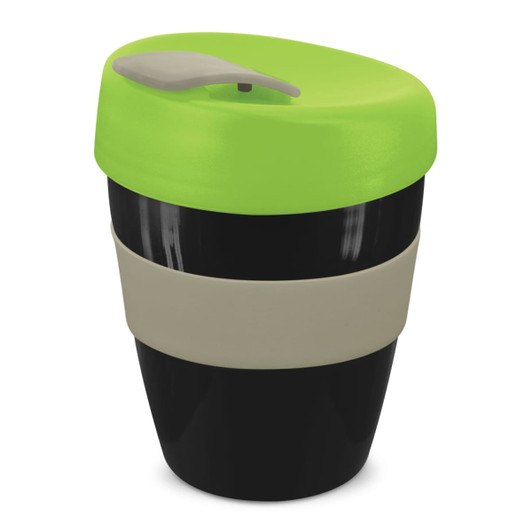A drink bottle featuring a black base with a green lid and a beige silicone band. It has a logo on the side.