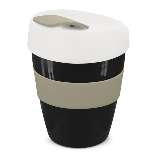 A drink bottle featuring a black and white design with a striped beige band and a lid. It includes a logo.
