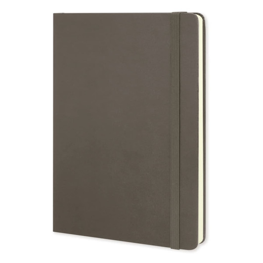 A large, dark green Moleskine classic hard cover notebook with an elastic band closure.