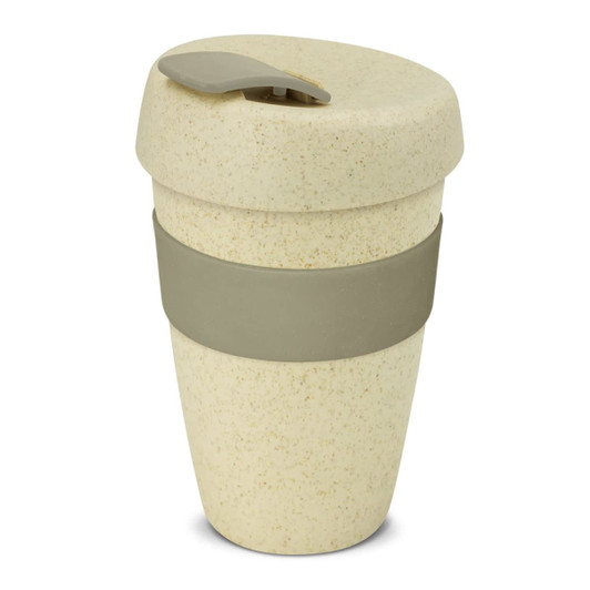 A drink bottle in a speckled beige colour with a green silicone band and a fitted lid. It features a logo.