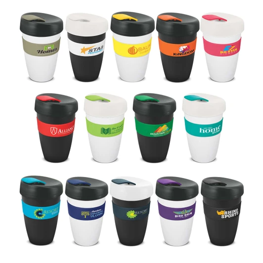 A selection of reusable coffee cups in various colours, featuring different designs and logos. Each cup has a secure lid.