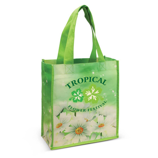 A green tote bag with floral designs and a branded logo. Features two sturdy handles for easy carrying.