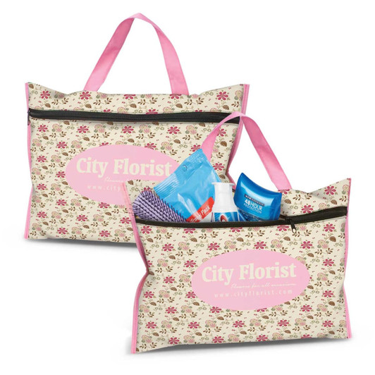 A floral-patterned toiletry bag in cream and pink, featuring a zippered compartment and carrying handles.