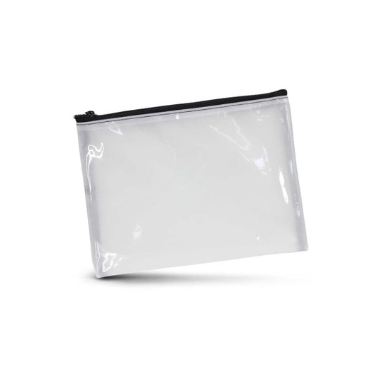 A small transparent cosmetic bag with a black zip closure. Suitable for toiletries and accessories.