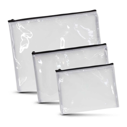 A set of three transparent cosmetic bags in varying sizes with black zippers. Ideal for toiletry storage.