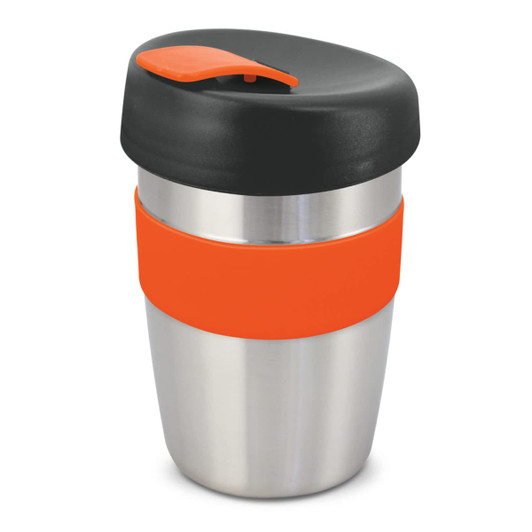 A drink bottle with a stainless steel body, orange silicone band, and a black lid. It features a logo.