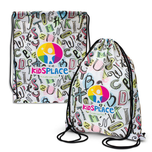 A drawstring backpack featuring a colourful design with letters and illustrations, and a logo on the front.