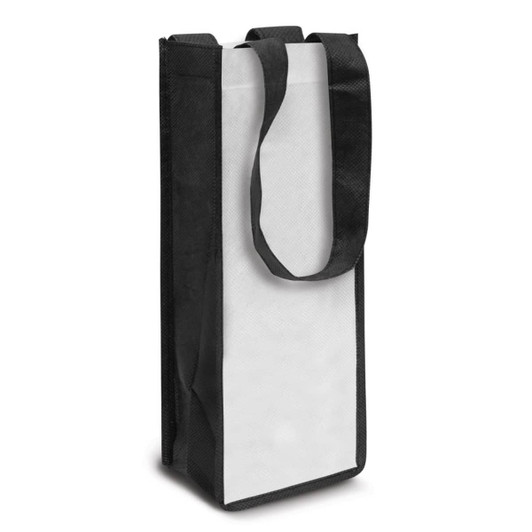 A wine tote bag featuring a sleek black design with a white panel and two sturdy handles. It has a logo on the side.