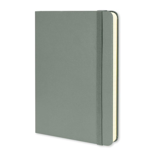 A medium, hard cover notebook in a soft green colour, featuring a rounded spine and an elastic closure.
