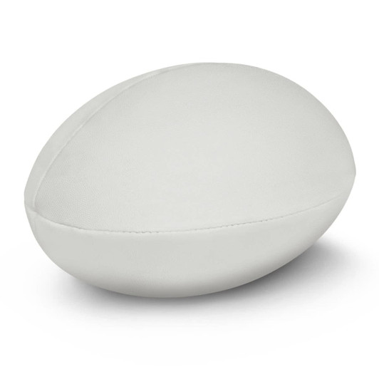A white rugby league ball with a smooth surface and a logo on it, positioned on a plain background.