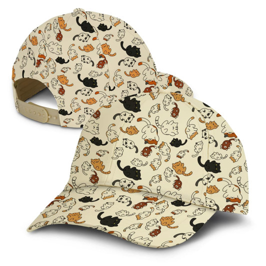 A custom cap featuring a cream background with a playful pattern of cats in various colours. It has an adjustable strap at the back.